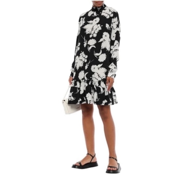 Ganni Black/White Silk Floral Print Long Sleeves Dress 2/34 - Picture 10 of 10